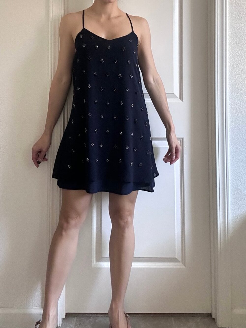 Sabine Spaghetti Flowy Beaded Dress Navy size S
